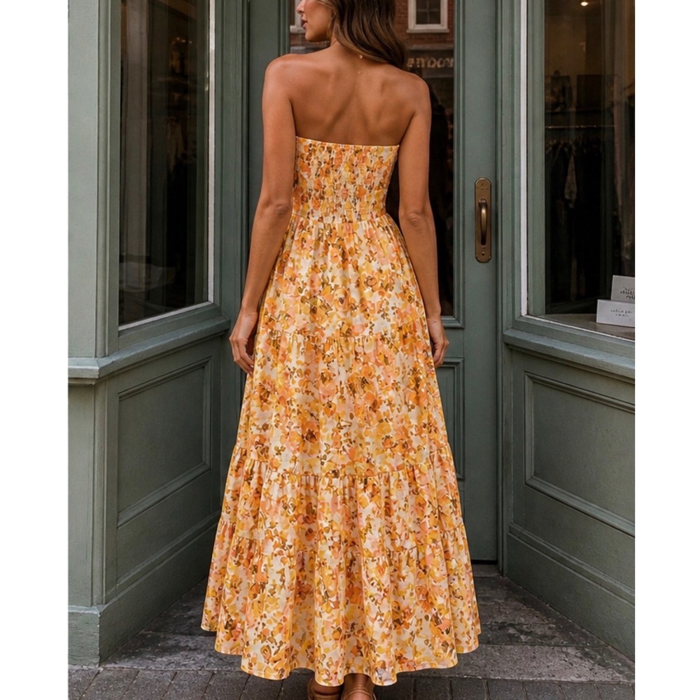 Zimmermann Raie Strapless Tiered Floral Yellow Cotton Maxi Dress Dress 0P US 2P - Picture 7 of 11
